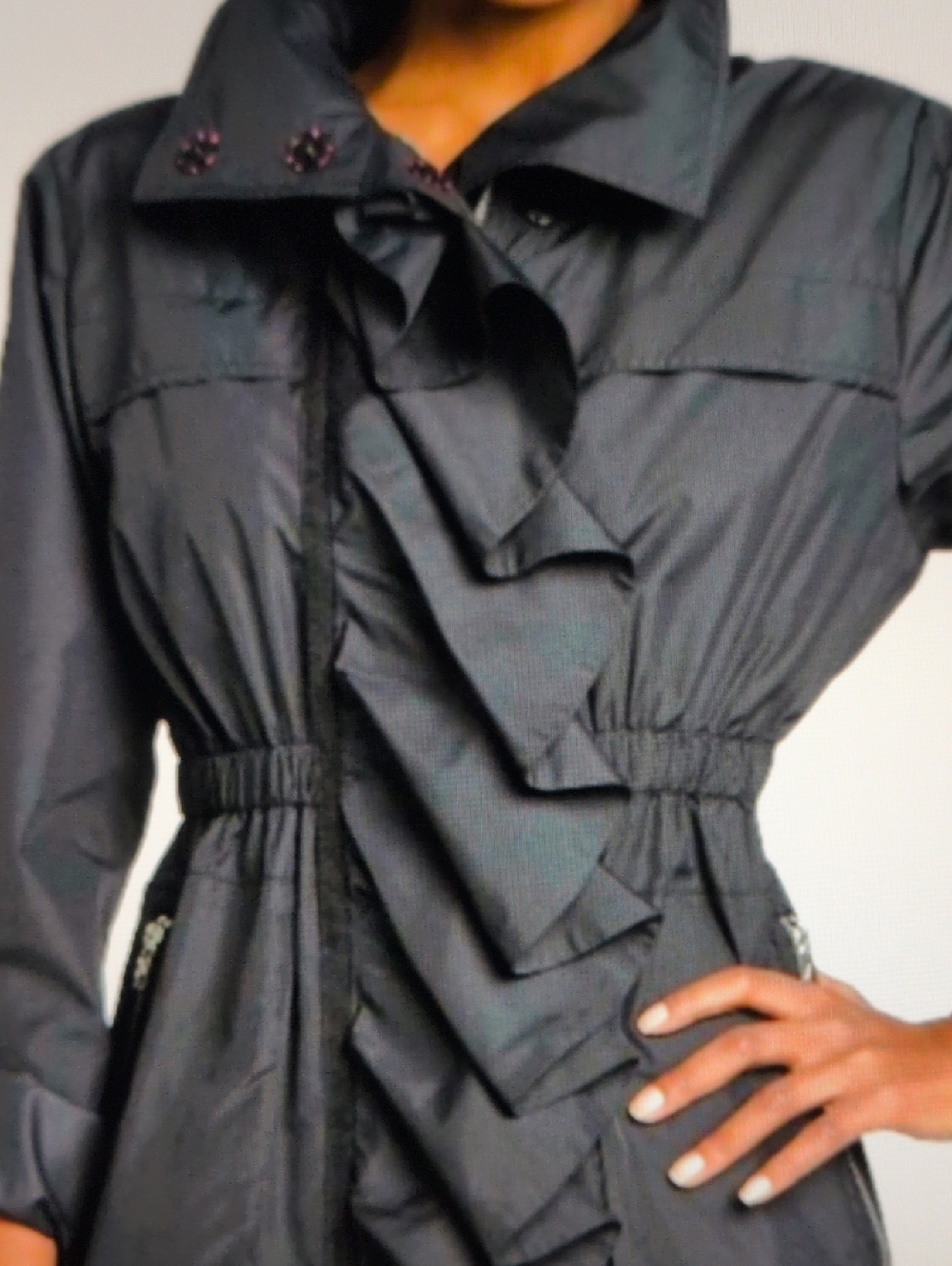 Ali Ro Ruched Ruffled Anorak Rain/Windbreaker Jacket